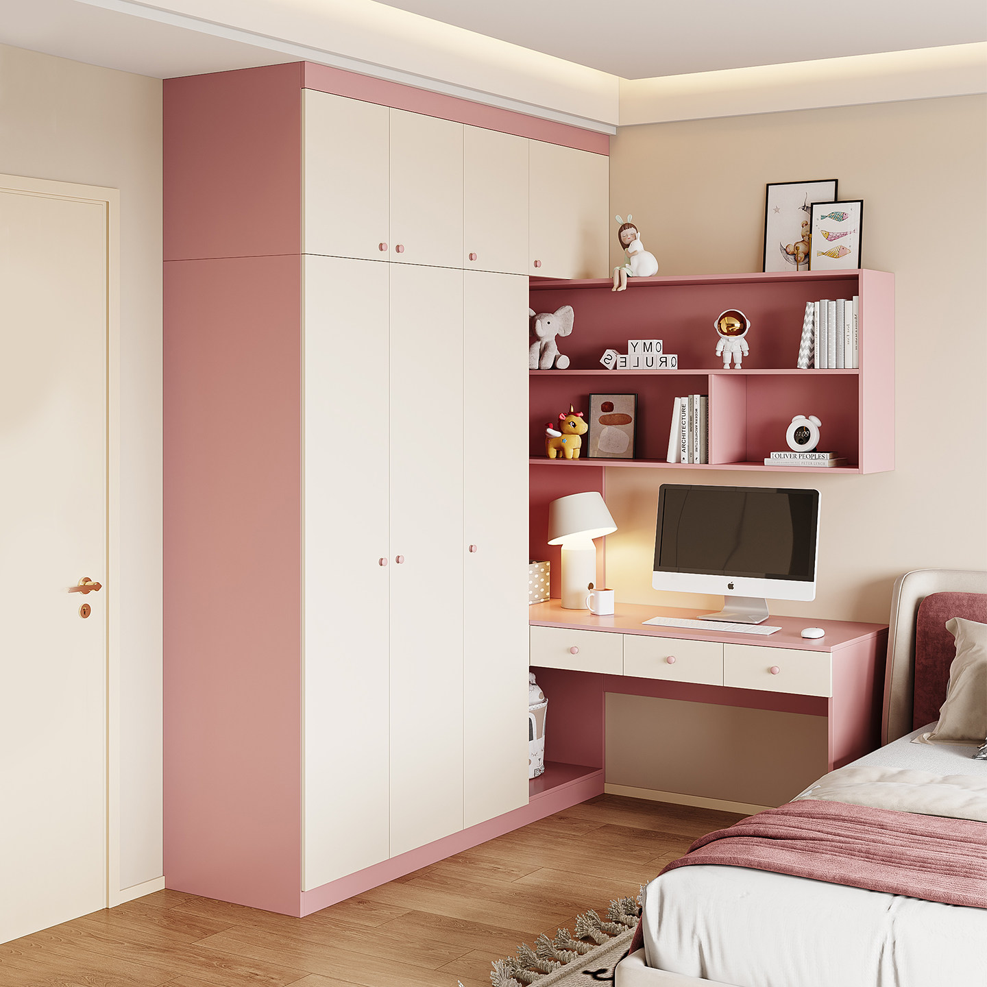 转角衣柜书桌一体组合书柜书架儿童到顶卧室家用拐角学习桌定制