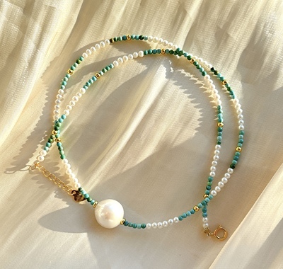 天然淡水珍珠搭配原矿松石锁骨链 松石多宝项链