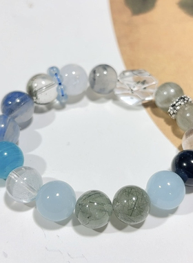 天然绿幽灵水晶手链海蓝宝蓝晶石绿发晶白幽灵原创水晶手串