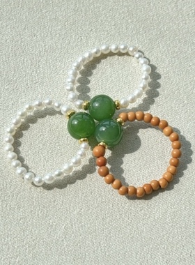 天然和田玉碧玉戒指 女款时尚小清新碧玉珍珠戒圈饰品礼物