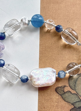 天然白水晶 淡水珍珠 海蓝宝 多宝手链女款单圈手串