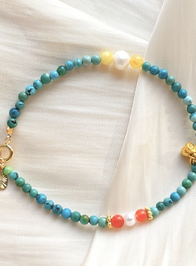 天然原矿绿松石多宝手链女款单圈手串饰品礼物 时尚配饰
