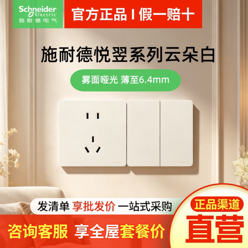 施耐德开关插座悦翌云朵白斜五孔typec暗装86型16A三孔双控开关