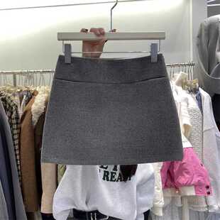 冬季纯色简约高腰毛呢半身裙女韩版新款显瘦复古简约A字裙短裙