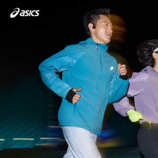 ASICS亚瑟士男式 抗紫外线跑步夹克男子防晒反光印花连帽运动外套