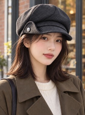 秋冬英伦复古八角报童帽女显脸小单侧纽扣画家帽日常百搭文艺出街