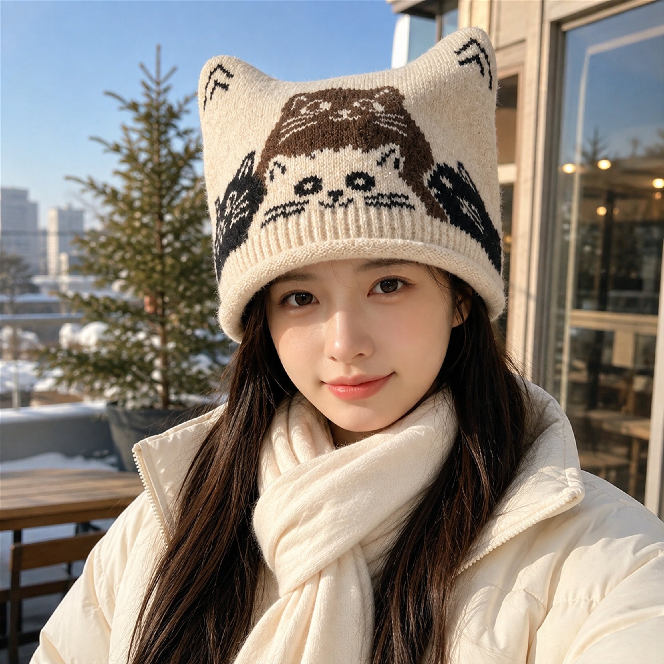 猫咪提花针织帽女秋冬日系复古猫帽子