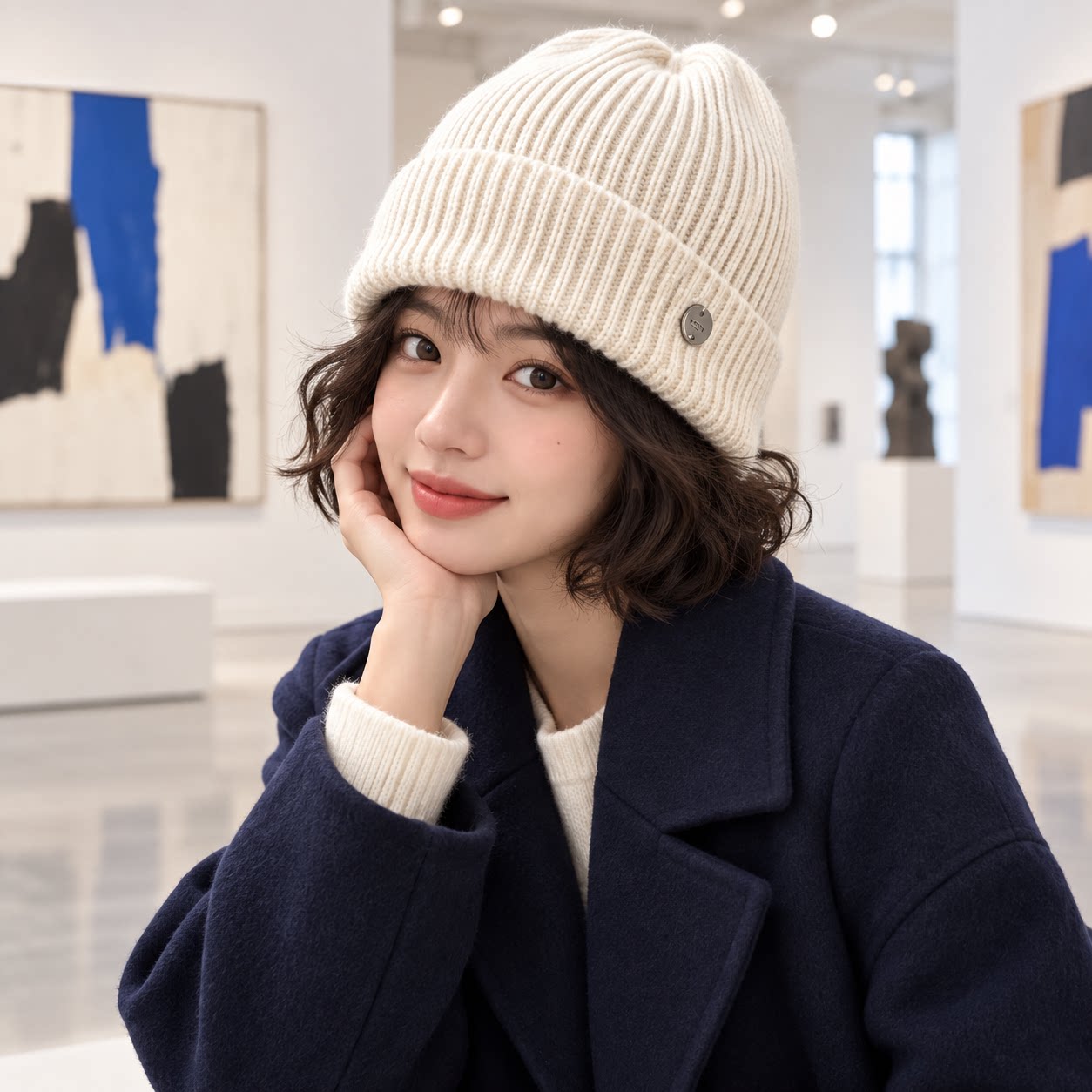 米白色翻边针织帽女秋冬新款银色帽子