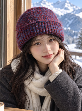 秋冬混色针织护耳帽女韩版时尚百搭保暖毛线帽子宽松包头冷帽休闲