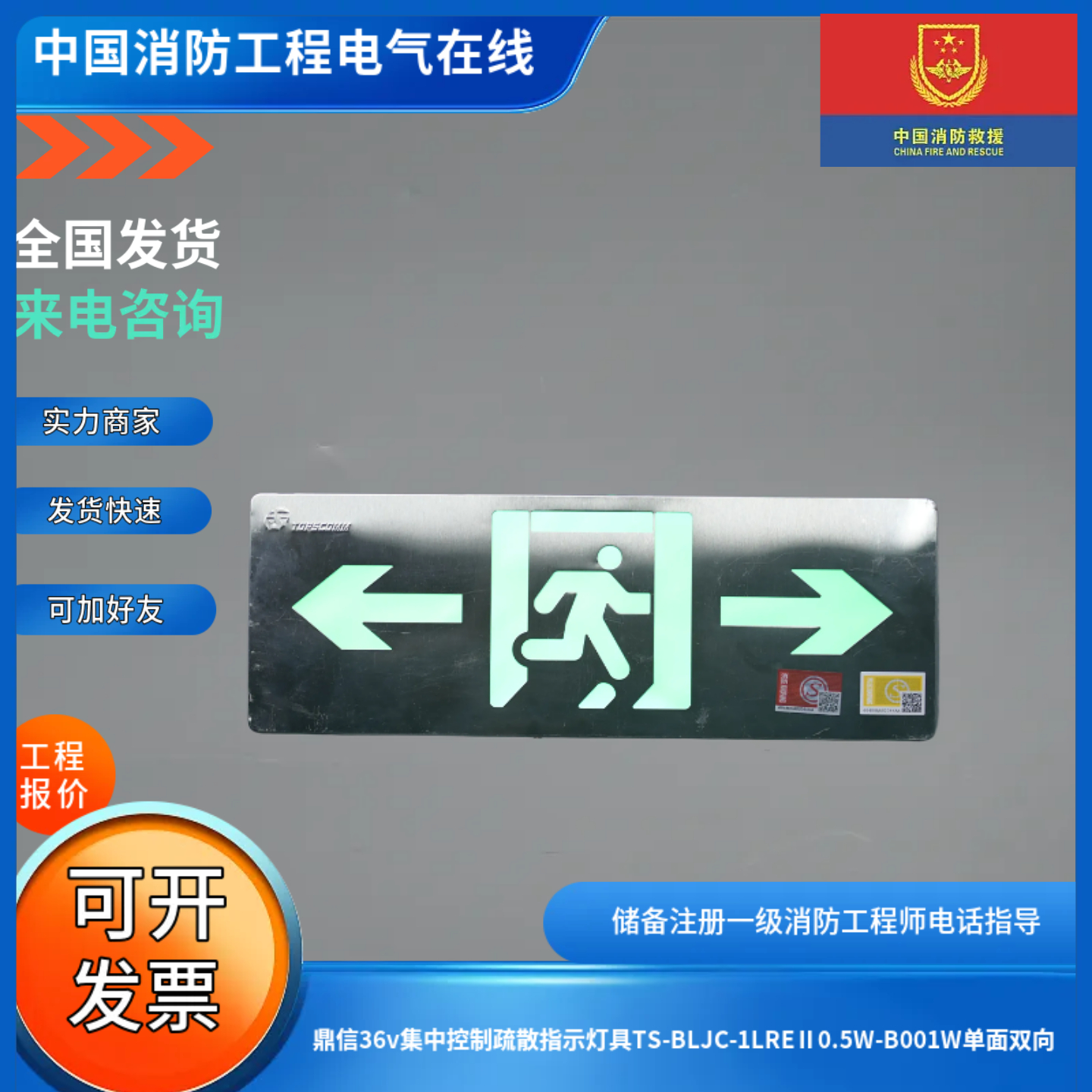 鼎信36v集中控制疏散指示灯具TS-BLJC-1LREⅡ0.5W-B001W单面双向