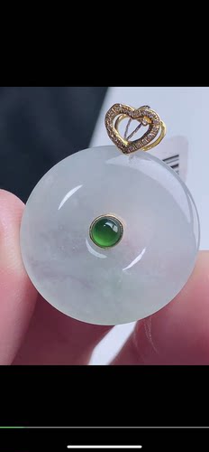 水润白冰平安扣   吊坠 18k金镶嵌，天然翡翠A货hihg610.9-12