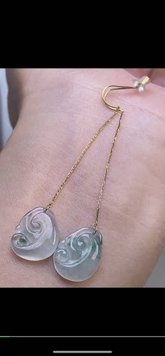 裸石15.3-11.6-3mm,18k金冰飘花如意耳坠 天然翡翠A货 shh6716-18