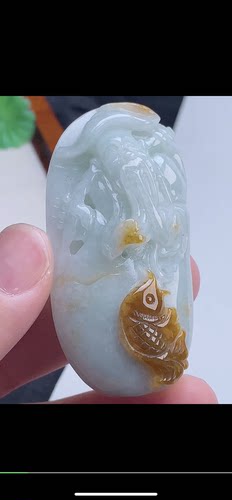 59.4-29.8-14mm,水润  黄翡巧雕渔翁吊坠，天然翡翠A货aaa6727七
