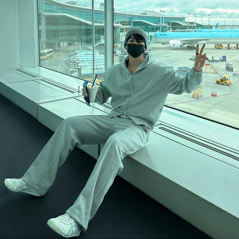 MYQ短款灰色连帽卫衣男春季新款开衫外套韩版潮流休闲运动套装