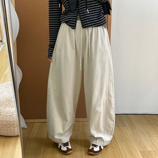 百搭松紧腰遮肉显瘦宽松弯刀裤 女2026春季 韩系简约纯色阔腿休闲裤