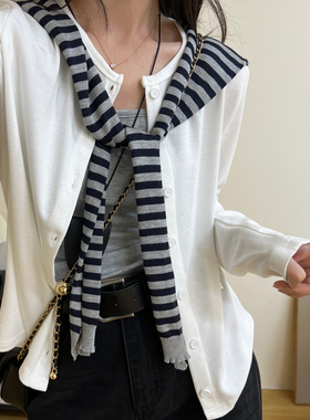 韩系条纹披肩开衫上衣女2025秋季新款休闲单排扣长袖短款白色外套
