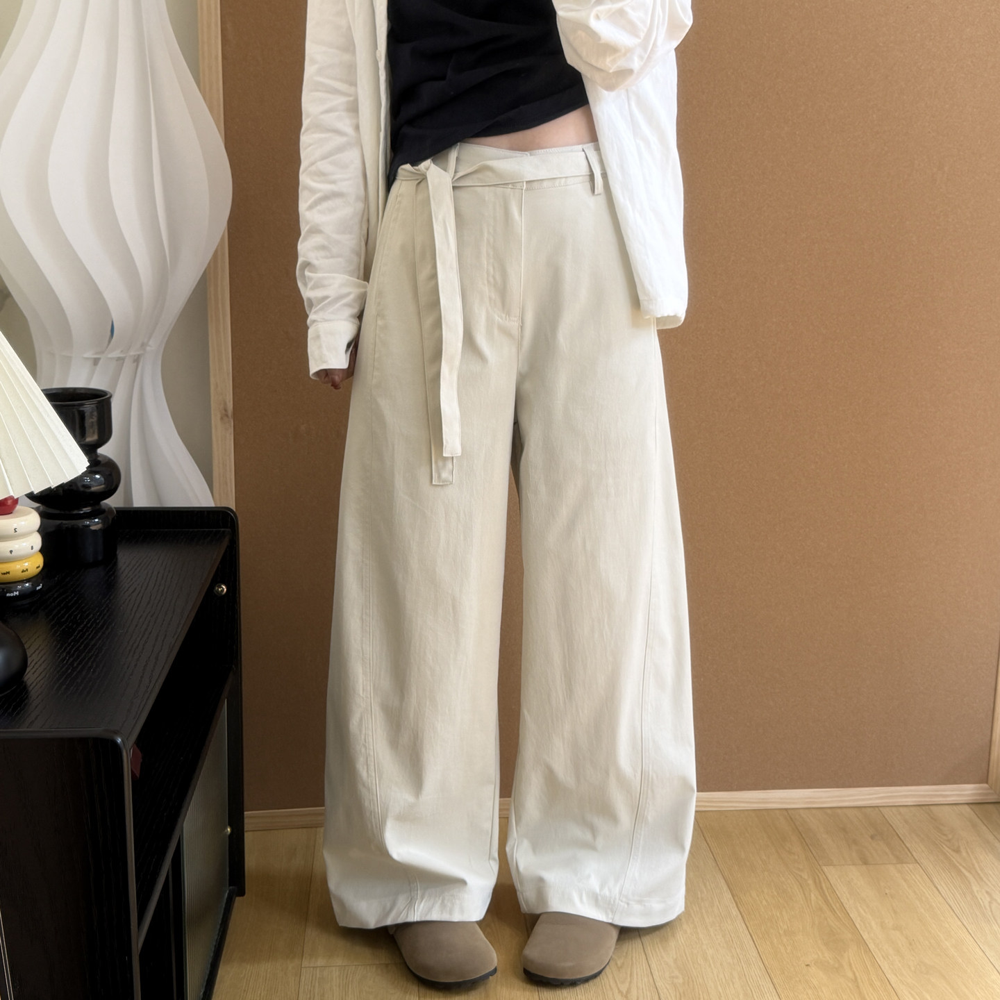 藏青色腰带薄款抗皱休闲裤女2026春夏新款高腰显瘦直筒西装阔腿裤