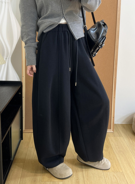 慵懒风百搭个性刺绣显瘦香蕉裤春季松紧腰宽松阔腿束脚两穿卫裤女