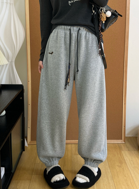 多巴胺彩色加绒加厚卫裤女冬季小狗刺绣松紧腰抽绳休闲束脚裤子