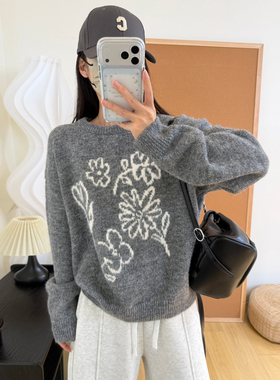 灰色毛衣女冬季韩系花朵提花休闲百搭宽松圆领套头羊毛混纺上衣