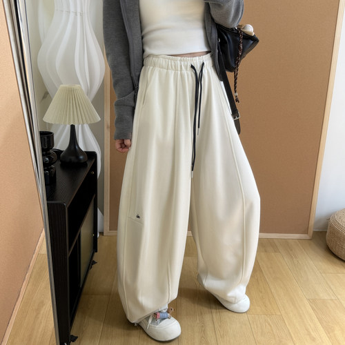 高腰抽绳两穿阔腿卫裤女春新款