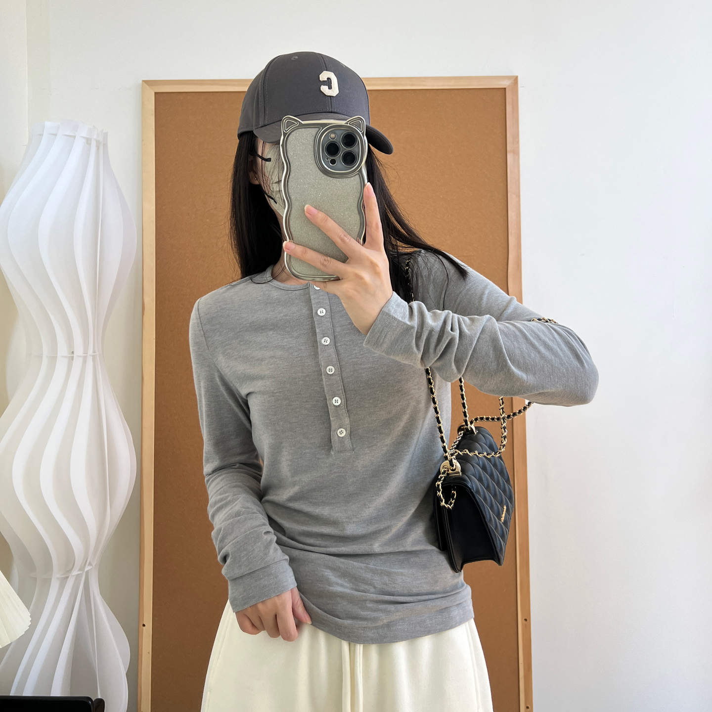 舒适亲肤裸感打底衫女秋冬半开扣亨利领修身内搭正肩长袖t恤上衣