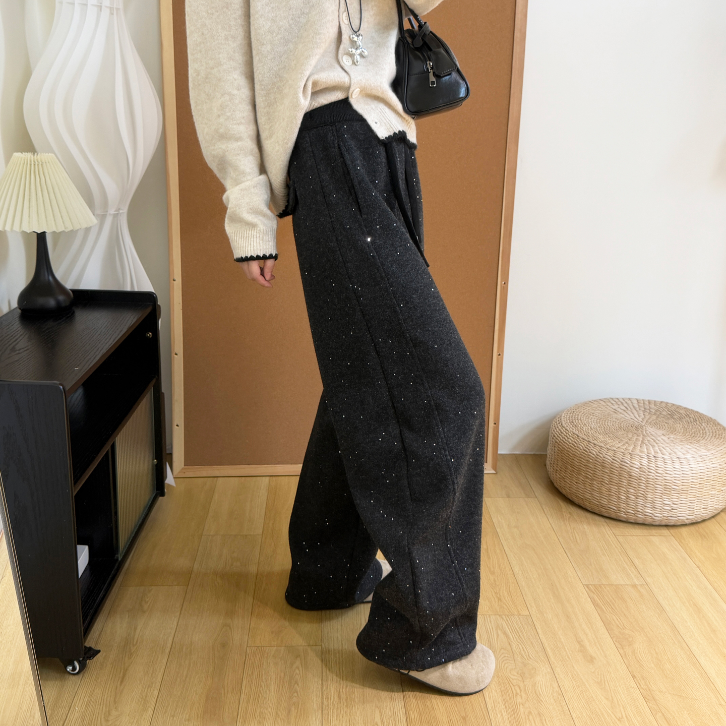 亮片细闪羊毛混纺裤子女加绒加厚