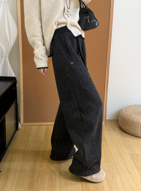 高级感细闪羊毛混纺裤子女加绒加厚高腰抽绳可收口阔腿弯刀休闲裤