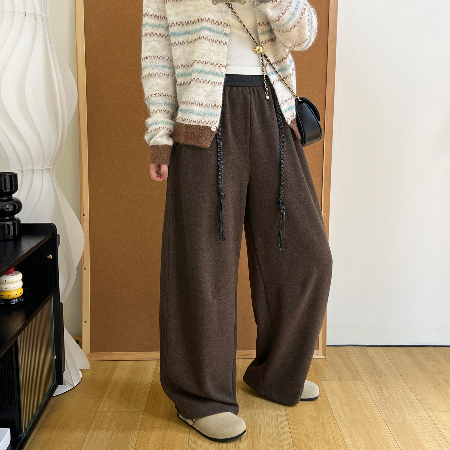 舒适柔软毛呢休闲裤女秋冬编织皮抽绳慵懒垂感显瘦直筒阔腿糯米裤,女装/女士精品,休闲裤,淘宝优惠券,粉丝福利购,淘宝优惠卷