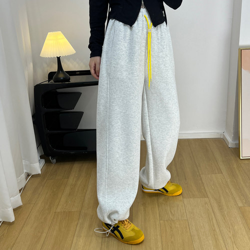 撞色抽绳加绒卫裤女春秋新款慵懒宽松休闲直筒束脚两穿阔腿运动裤