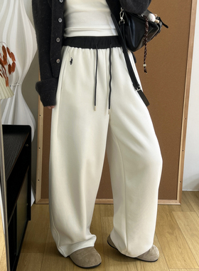 设计感撞色个性刺绣抽绳香蕉裤春季松紧腰阔腿束脚两穿弯刀卫裤女