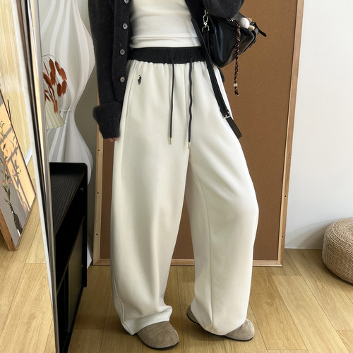 设计感撞色个性刺绣香蕉裤2026春季松紧腰阔腿束脚两穿弯刀卫裤女