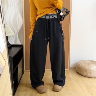 加绒加厚字母刺绣阔腿束脚两穿休闲长裤 高腰撞色抽绳卫裤 女冬季