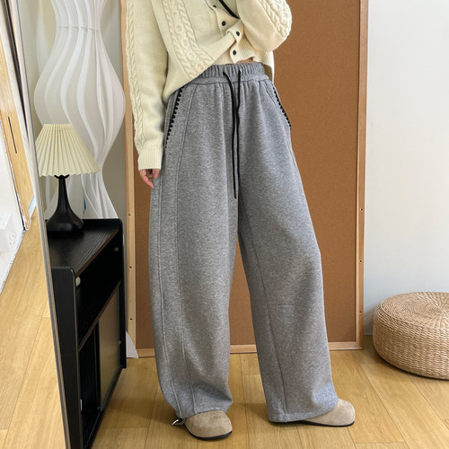 设计感刺绣松紧腰加绒加厚毛呢卫裤女冬季抽绳束脚阔腿弯刀休闲裤