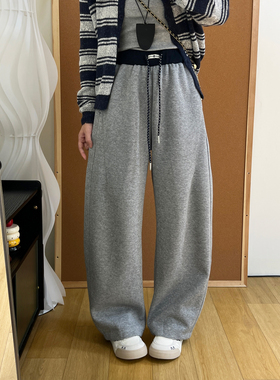 秋季窄版小弯刀卫裤女慵懒风百搭高腰撞色松紧腰显瘦阔腿抽绳裤子