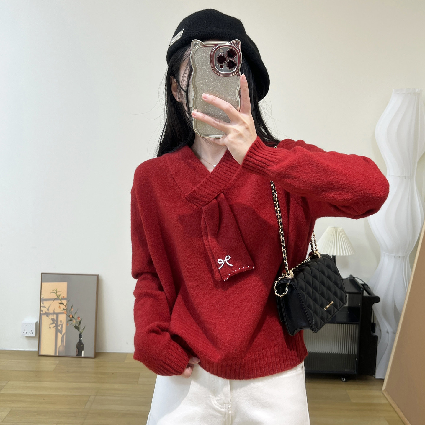 设计感交叉围脖V领毛衣女2026冬季新年小众套头红色针织打底上衣,女装/女士精品,毛衣,淘宝优惠券,粉丝福利购,淘宝优惠卷