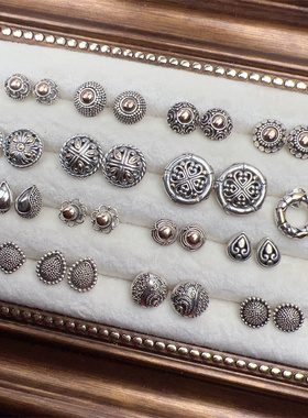 巴厘岛纯手工925银18K金耳钉复古宫廷风格新品小巧精致气质个性