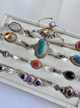复古风925银镶嵌宝石纯手工手镯