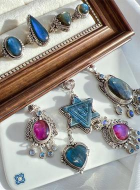 尼泊尔纯手工镶嵌拉长石吊坠戒指