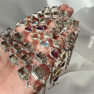 尼泊尔925纯银纯手工镶嵌粉水晶红宝石白紫水晶草莓晶手链复古