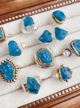 925银复古天然原矿磷灰石戒指