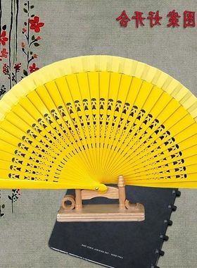 旗袍黄色双面扇子木扇跳舞图案表演扇走秀西班牙折扇舞蹈
