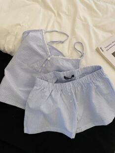 休闲短裤 时尚 家居服两件套 2025新款 日系少女拼接条纹吊带睡衣夏季
