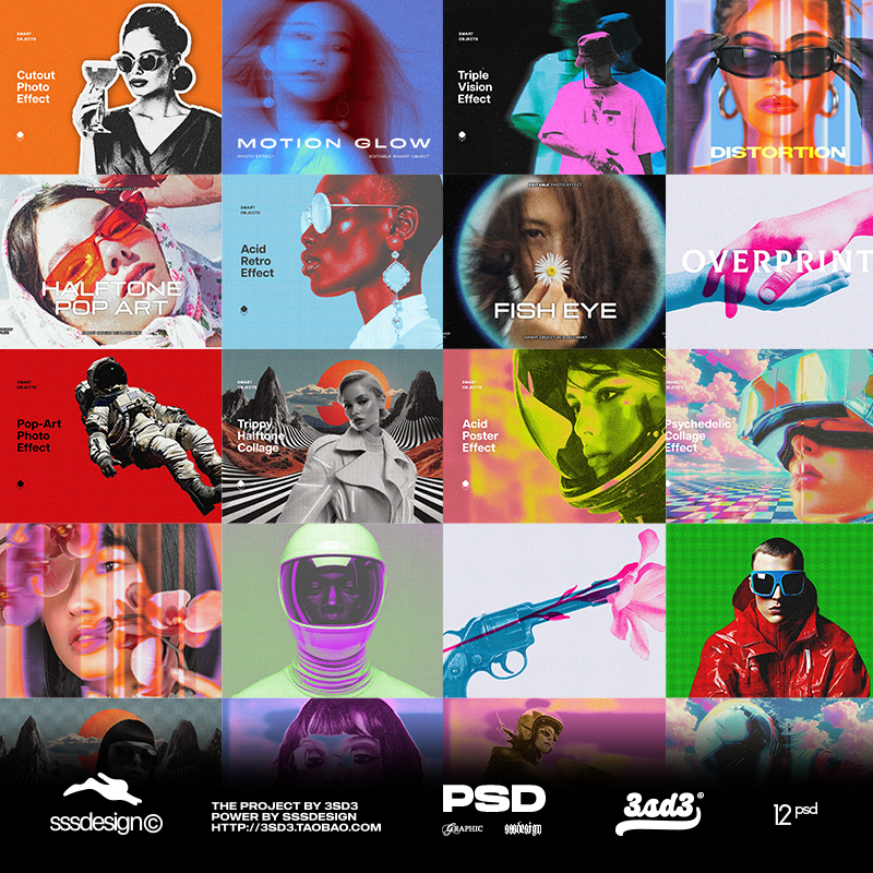 3SD3 噪点故障重影赛博朋克彩色半调双重曝光肌理照片效果PSD样机