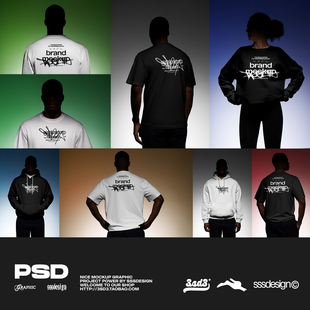 3SD3 潮流街头嘻哈风格真人模特上身服装T恤卫衣彩色背景样机素材