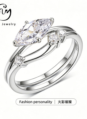 S925银双圈戒指马眼莫桑石主石白金色简约设计感爆款女戒