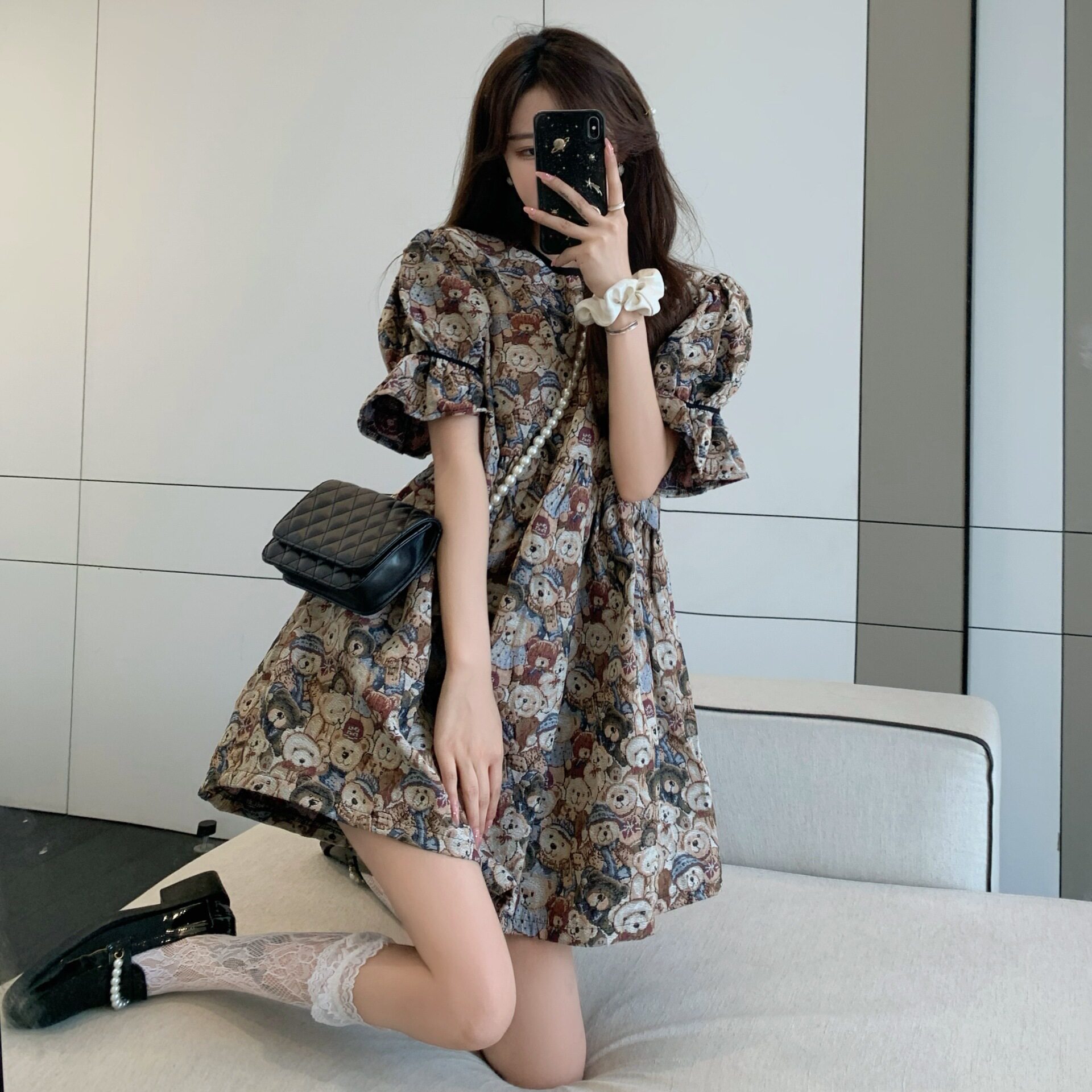 泡泡袖连衣裙女装设计感2026新款夏季法式复古可爱小熊时尚短裙子