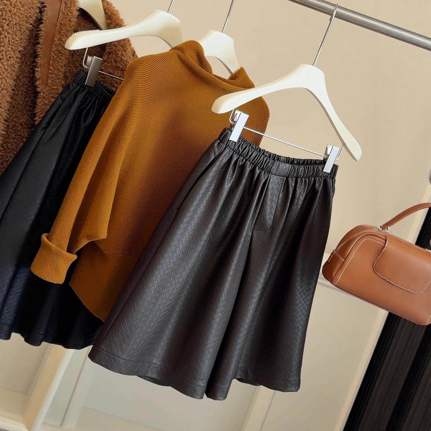 高腰PU皮裤女显瘦宽松中裤