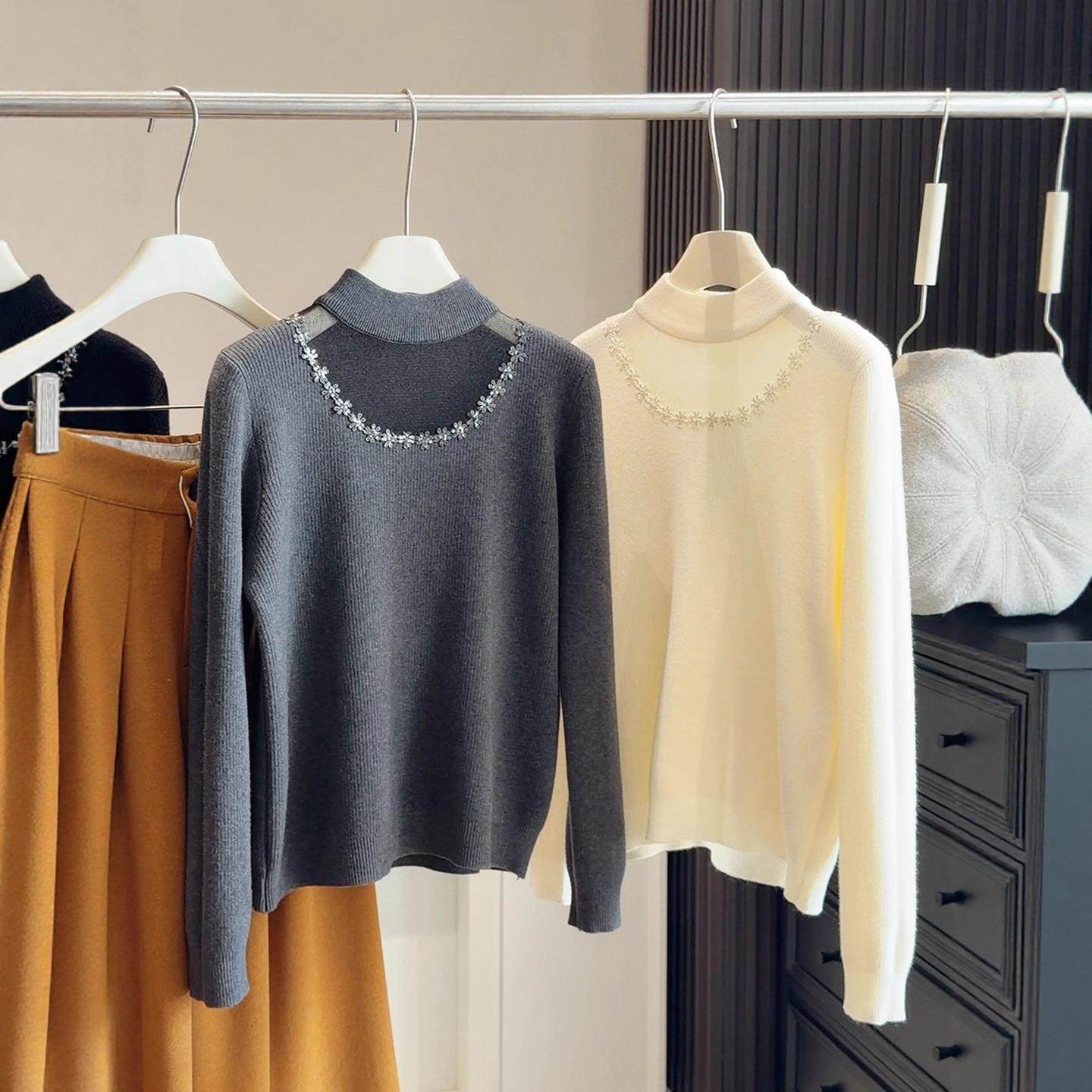 加厚一体绒挂脖网纱镂空毛衣女秋冬新款显瘦加绒内搭打底针织衫