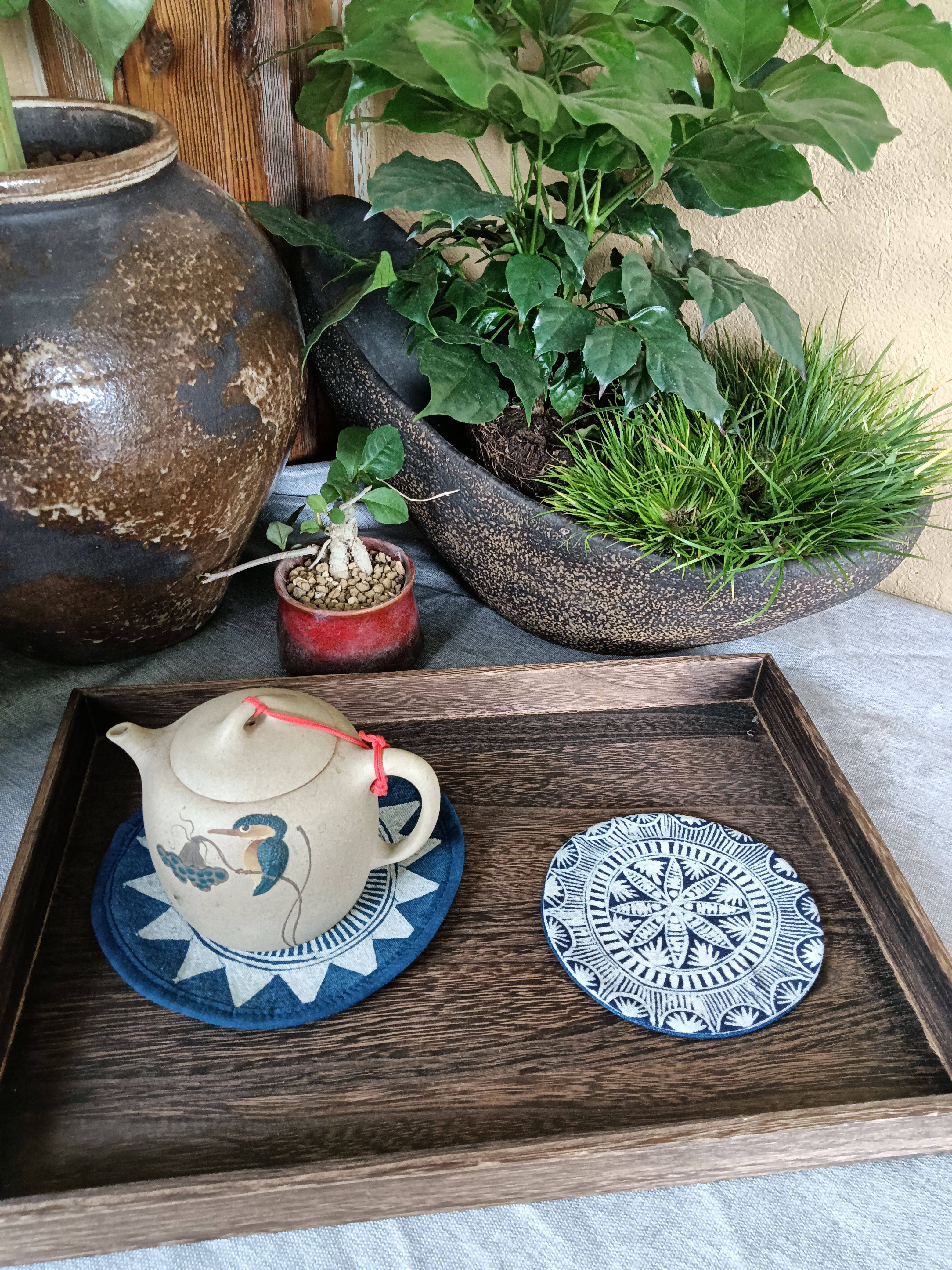 贵州苗族非遗手绘蜡染土布植物染刺子绣拼布可爱鱼咖啡杯茶杯垫